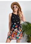 Omarı Çiçek Desenli Sıfır Kollu Mini Elbise
