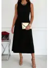 Kadın Sıfır Kollu Bisiklet Yaka Midi Viskon Iki Iplik Elbise