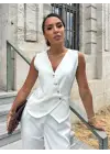 Kadın Sıfır Kollu çapraz V Yakalı önden Düğmeli Atlas Yelek Ve Pantolon Ikili Takım