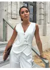 Kadın Sıfır Kollu çapraz V Yakalı önden Düğmeli Atlas Yelek Ve Pantolon Ikili Takım