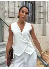 Kadın Sıfır Kollu çapraz V Yakalı önden Düğmeli Atlas Yelek Ve Pantolon Ikili Takım