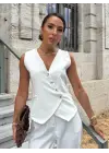 Kadın Sıfır Kollu çapraz V Yakalı önden Düğmeli Atlas Yelek Ve Pantolon Ikili Takım