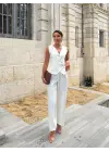 Kadın Sıfır Kollu çapraz V Yakalı önden Düğmeli Atlas Yelek Ve Pantolon Ikili Takım