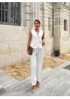 Kadın Sıfır Kollu çapraz V Yakalı önden Düğmeli Atlas Yelek Ve Pantolon Ikili Takım
