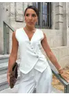 Kadın Sıfır Kollu çapraz V Yakalı önden Düğmeli Atlas Yelek Ve Pantolon Ikili Takım