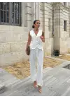 Kadın Sıfır Kollu çapraz V Yakalı önden Düğmeli Atlas Yelek Ve Pantolon Ikili Takım