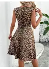 Kadın Sıfır Kollu önden çapraz Detaylı Leopar Desenli Süprem Elbise