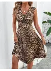 Kadın Sıfır Kollu önden çapraz Detaylı Leopar Desenli Süprem Elbise