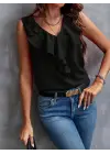 Kadın Sıfır Kollu V Yakalı Volanlı Ithal Krep Bluz