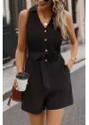 Kadın Sıfır Kollu Yakalı Düğmeli Belden Kuşaklı Kısa Keten Tulum