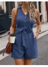 Kadın Sıfır Kollu Yakalı Düğmeli Belden Kuşaklı Kısa Keten Tulum