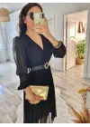 Kadın şifon Kumaş Astalı Kloş Kesim Kruvaze Yaka Midi Boy Elbise