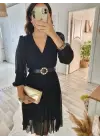 Kadın şifon Kumaş Astalı Kloş Kesim Kruvaze Yaka Midi Boy Elbise
