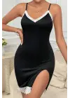 Omarı Seksi Siyah Askılı Yırtmaçlı Dantelli Gecelik