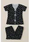 Kadın Siyah Beyaz Kalp Desenli Fiyonklu Kısa Kollu Pijama Takımı