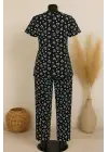 Kadın Siyah Beyaz Kalp Desenli Fiyonklu Kısa Kollu Pijama Takımı