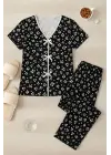 Kadın Siyah Beyaz Kalp Desenli Fiyonklu Kısa Kollu Pijama Takımı