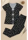 Kadın Siyah Beyaz Kalp Desenli Fiyonklu Kısa Kollu Pijama Takımı