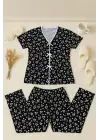 Kadın Siyah Beyaz Kalp Desenli Fiyonklu Kısa Kollu Pijama Takımı