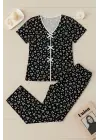 Kadın Siyah Beyaz Kalp Desenli Fiyonklu Kısa Kollu Pijama Takımı