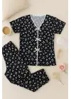 Kadın Siyah Beyaz Kalp Desenli Fiyonklu Kısa Kollu Pijama Takımı