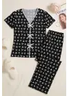 Kadın Siyah Beyaz Kalp Desenli Fiyonklu Kısa Kollu Pijama Takımı