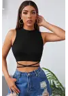 Omarı Siyah Çapraz Bağlamalı Crop Top