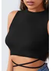 Omarı Siyah Çapraz Bağlamalı Crop Top