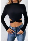 Omarı Siyah Çapraz Bel Detaylı Dik Yaka Crop Top Bluz