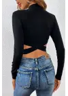 Omarı Siyah Çapraz Bel Detaylı Dik Yaka Crop Top Bluz