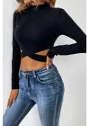 Omarı Siyah Çapraz Bel Detaylı Dik Yaka Crop Top Bluz