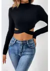 Omarı Siyah Çapraz Bel Detaylı Dik Yaka Crop Top Bluz