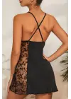 Kadın Siyah Çapraz Sırt Dekolteli Transparan Dantel Gecelik