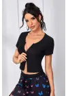 Omarı Siyah Çift Fermuarlı Yarım Kol Crop Top Bluz