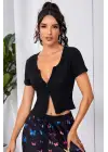 Omarı Siyah Çift Fermuarlı Yarım Kol Crop Top Bluz