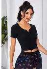 Omarı Siyah Çift Fermuarlı Yarım Kol Crop Top Bluz