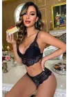 Kadın Siyah Dantel Bralet ve Slip Külotlu İç Çamaşır Takımı