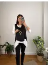 Kadın Siyah Deri Yelekli Kolye Dahil üçlü Takım