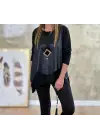 Kadın Siyah Deri Yelekli Kolye Dahil üçlü Takım