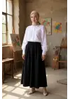 Kadın Siyah Double Kumaş Beli Lastikli Cepli Etek