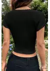 Omarı Dantelli Fiyonklu Kısa Kol Crop Top Bluz