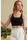 Omarı Kadın Siyah Kalın Askılı Crop Top