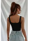 Omarı Kadın Siyah Kalın Askılı Crop Top