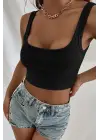 Omarı Kadın Siyah Kalın Askılı Crop Top