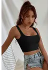 Omarı Kadın Siyah Kalın Askılı Crop Top