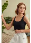 Omarı Kadın Siyah Kalın Askılı Crop Top