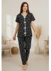 Kadın Siyah Kalp Desenli Fiyonklu Kısa Kollu Uzun Pijama Takımı
