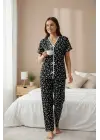 Kadın Siyah Kalp Desenli Fiyonklu Kısa Kollu Uzun Pijama Takımı