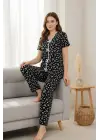 Kadın Siyah Kalp Desenli Fiyonklu Kısa Kollu Uzun Pijama Takımı