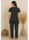 Kadın Siyah Kalp Desenli Fiyonklu Kısa Kollu Uzun Pijama Takımı